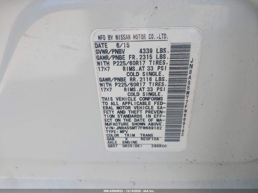 2015 Nissan Rogue Select S VIN: JN8AS5MT7FW669182 Lot: 43945532