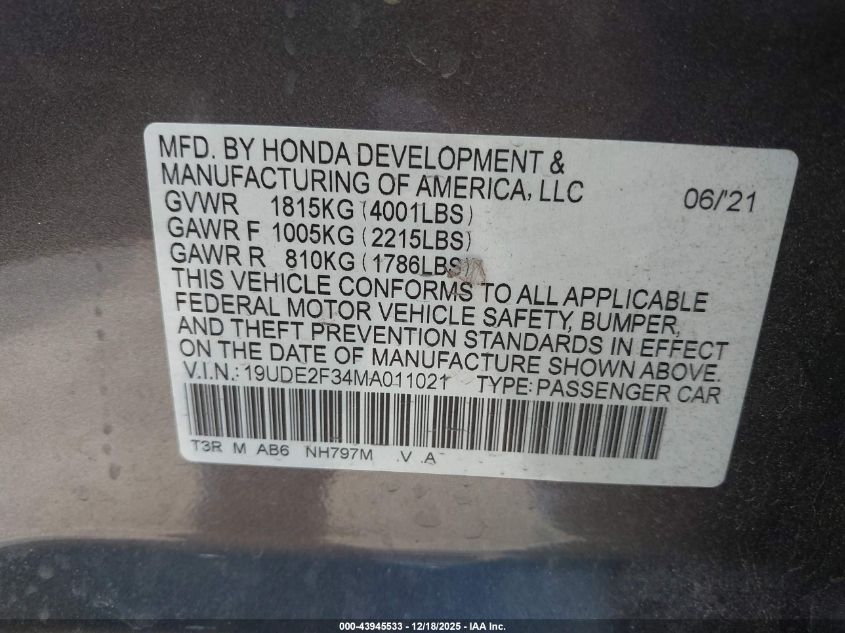 2021 Acura Ilx Standard VIN: 19UDE2F34MA011021 Lot: 43945533