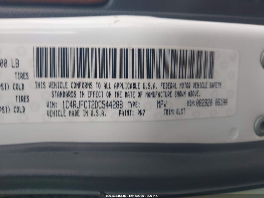 2013 Jeep Grand Cherokee Overland VIN: 1C4RJFCT2DC544288 Lot: 43945545