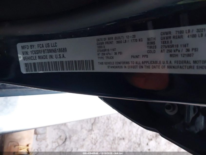 2021 Ram 1500 Big Horn 4X4 6'4 Box VIN: 1C6SRFBT8MN618689 Lot: 43945546