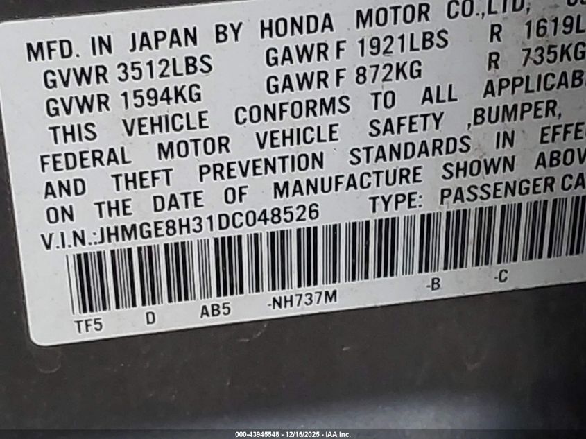 2013 Honda Fit VIN: JHMGE8H31DC048526 Lot: 43945548