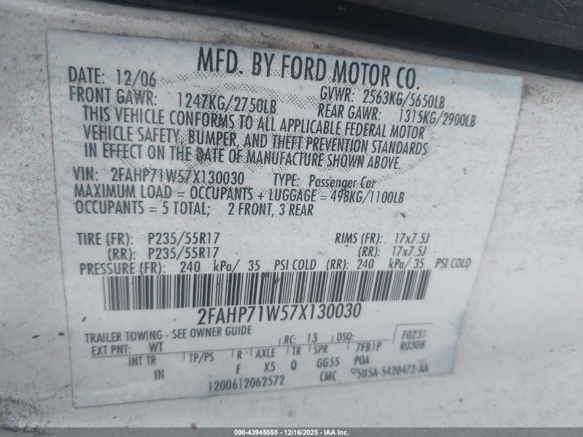 2007 Ford Crown Victoria Police/Police Interceptor VIN: 2FAHP71W57X130030 Lot: 43945555