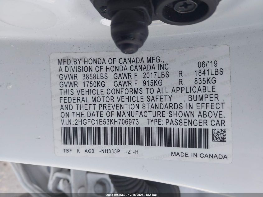2019 Honda Civic Si VIN: 2HGFC1E53KH706973 Lot: 43945560