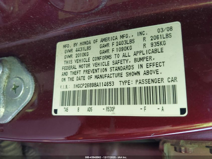2008 Honda Accord 2.4 Ex-L VIN: 1HGCP26898A114653 Lot: 43945562