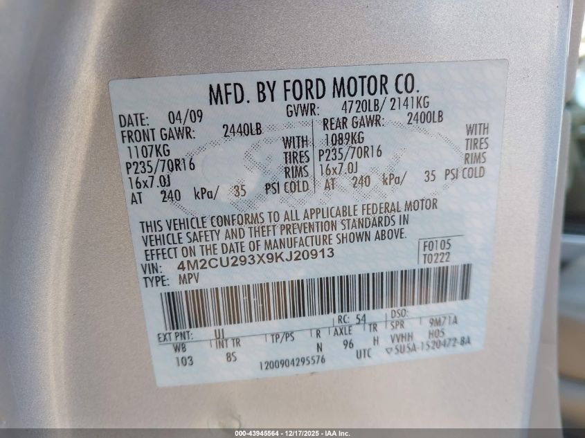 2009 Mercury Mariner Hybrid VIN: 4M2CU293X9KJ20913 Lot: 43945564