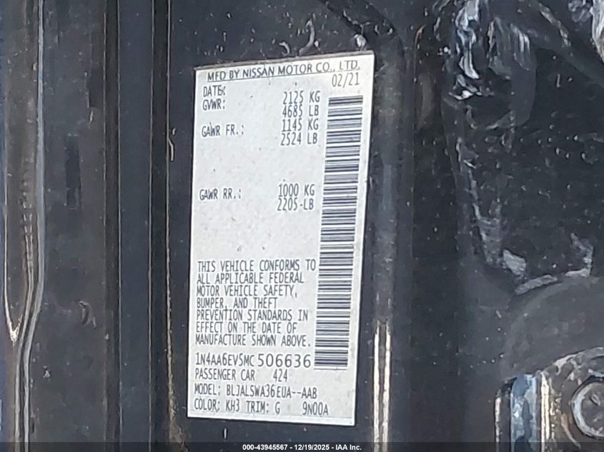 2021 Nissan Maxima Sr Xtronic Cvt VIN: 1N4AA6EV5MC506636 Lot: 43945567