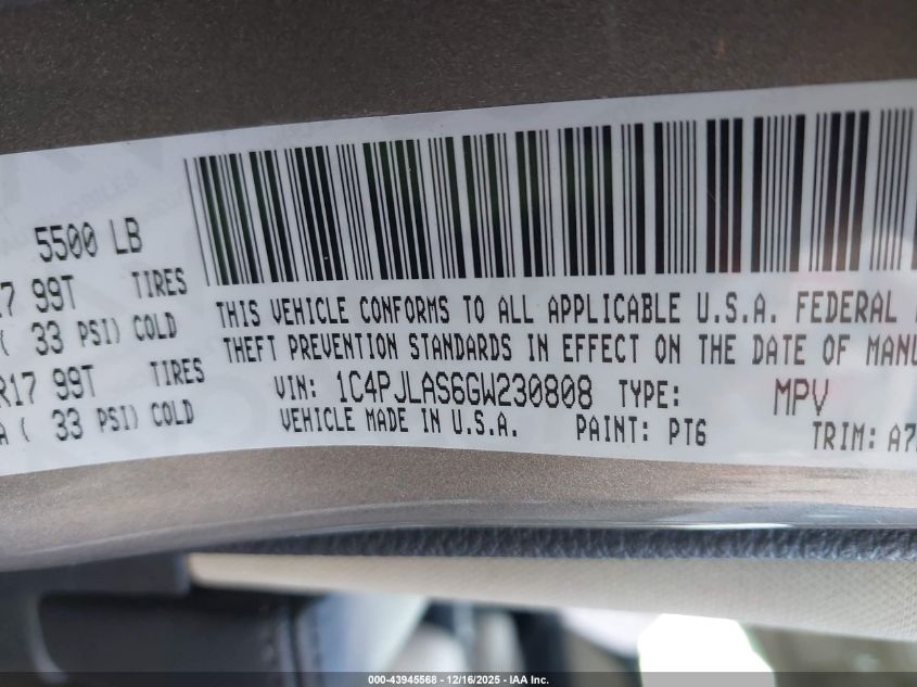 2016 Jeep Cherokee Sport VIN: 1C4PJLAS6GW230808 Lot: 43945568