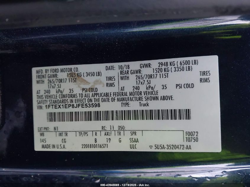 2018 Ford F-150 Xl VIN: 1FTEX1EP8JFE53598 Lot: 43945569