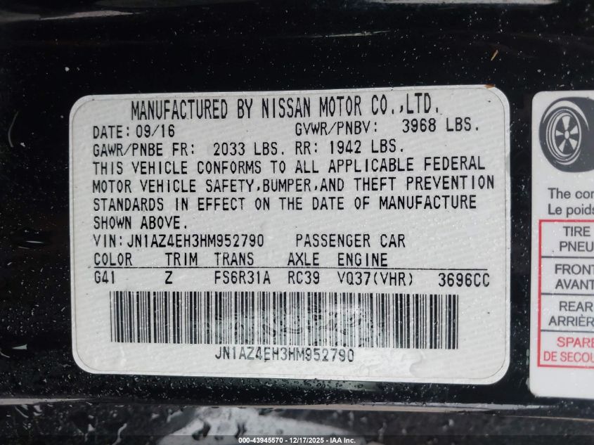 2017 Nissan 370Z Nismo Tech VIN: JN1AZ4EH3HM952790 Lot: 43945570
