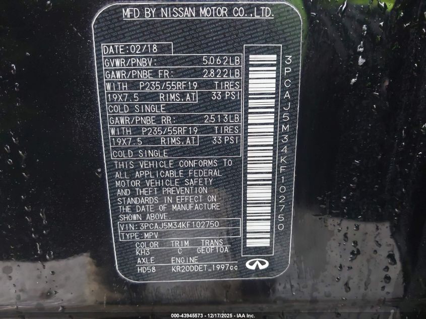 2019 Infiniti Qx50 Essential VIN: 3PCAJ5M34KF102750 Lot: 43945573