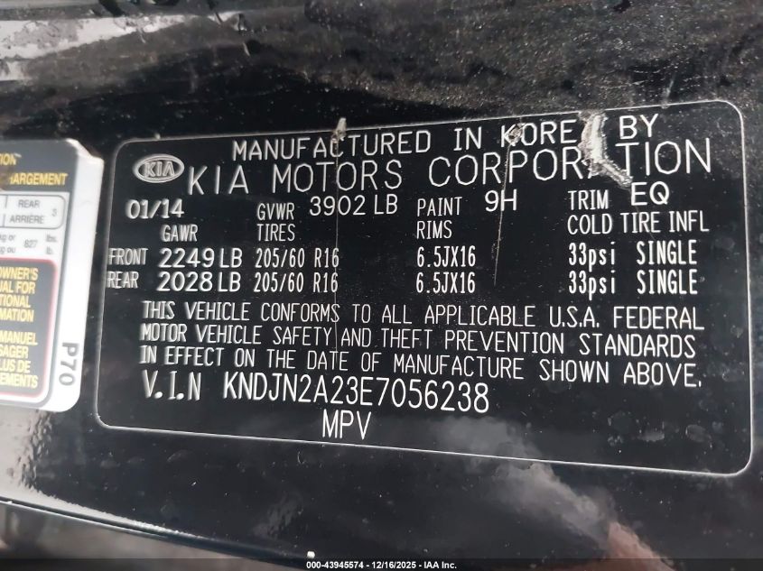 2014 Kia Soul VIN: KNDJN2A23E7056238 Lot: 43945574