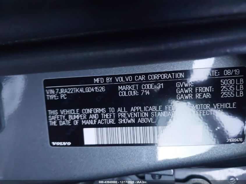 2020 Volvo S60 T6 Momentum VIN: 7JRA22TK4LG041526 Lot: 43945580