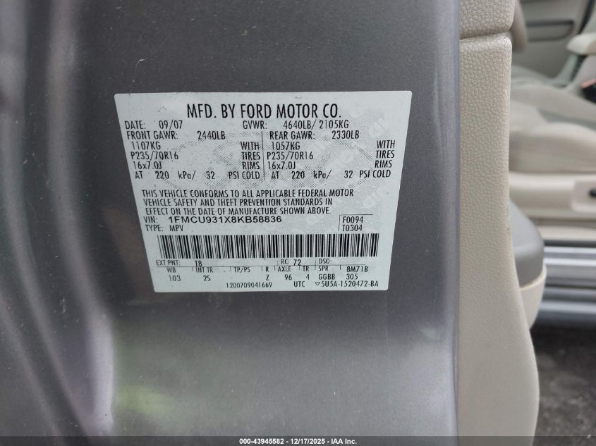 2008 Ford Escape Xlt VIN: 1FMCU931X8KB58836 Lot: 43945582