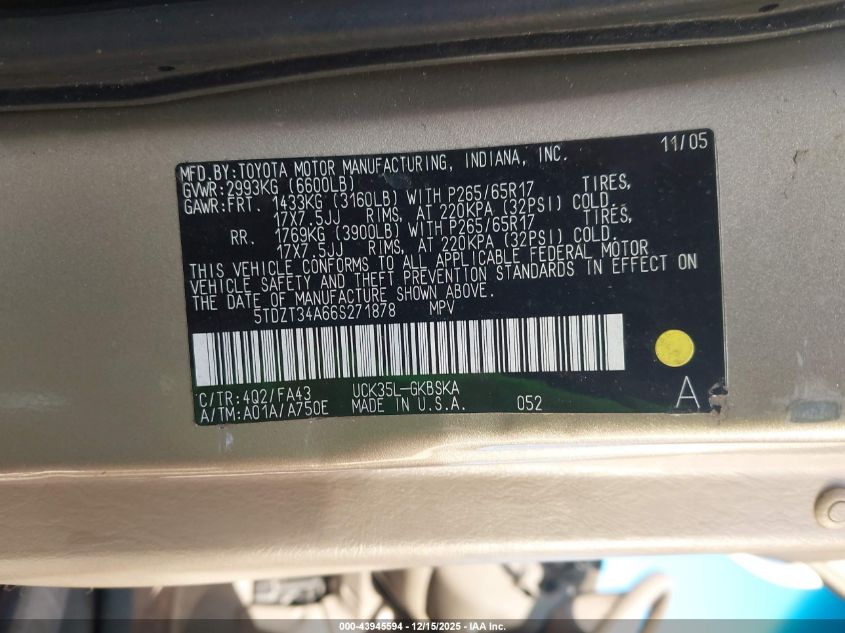 2006 Toyota Sequoia Sr5 V8 VIN: 5TDZT34A66S271878 Lot: 43945594