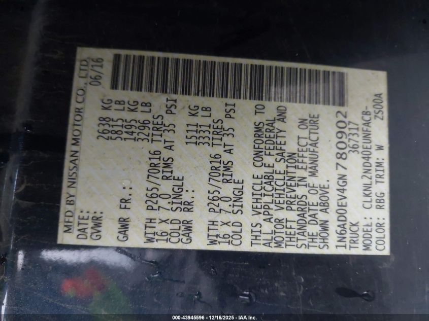 2016 Nissan Frontier Sv VIN: 1N6AD0EV4GN780902 Lot: 43945596