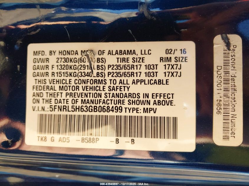 2016 Honda Odyssey Ex-L VIN: 5FNRL5H63GB068499 Lot: 43945597