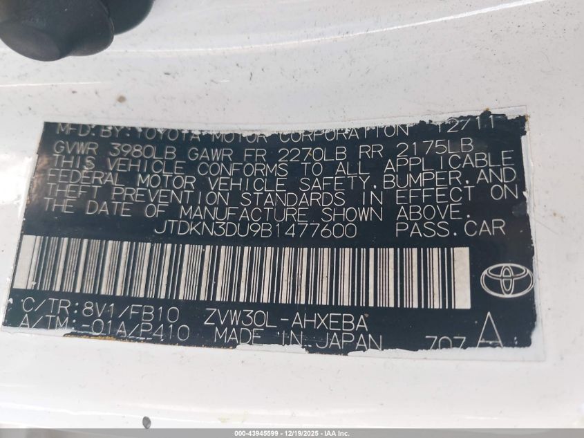 2011 Toyota Prius Two VIN: JTDKN3DU9B1477600 Lot: 43945599