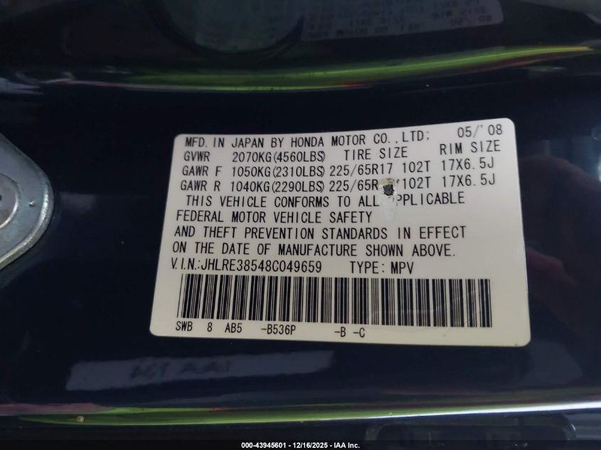 2008 Honda Cr-V Ex VIN: JHLRE38548C049659 Lot: 43945601