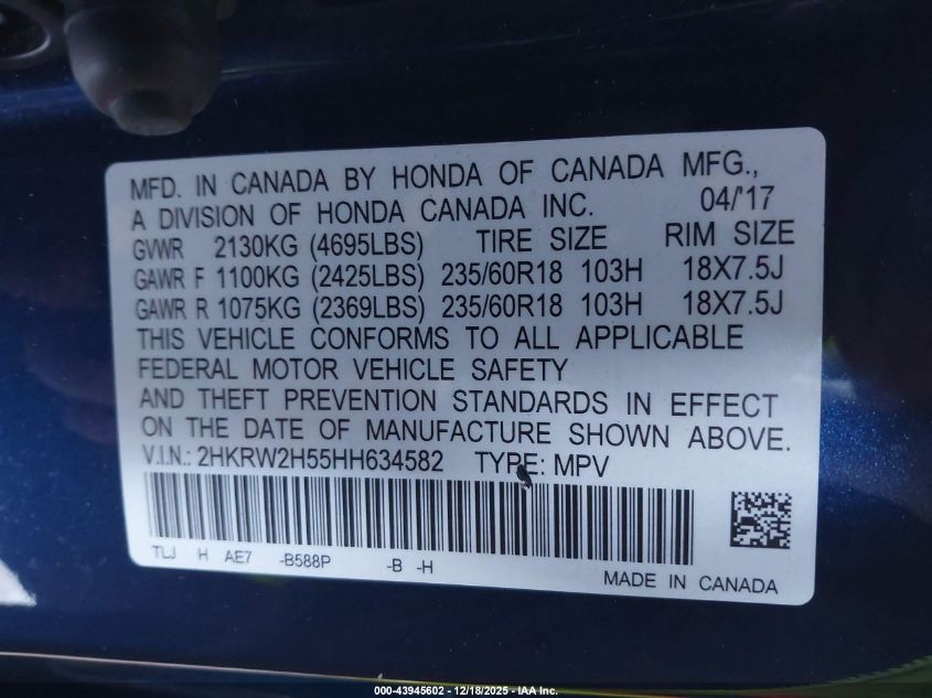 2017 Honda Cr-V Ex VIN: 2HKRW2H55HH634582 Lot: 43945602