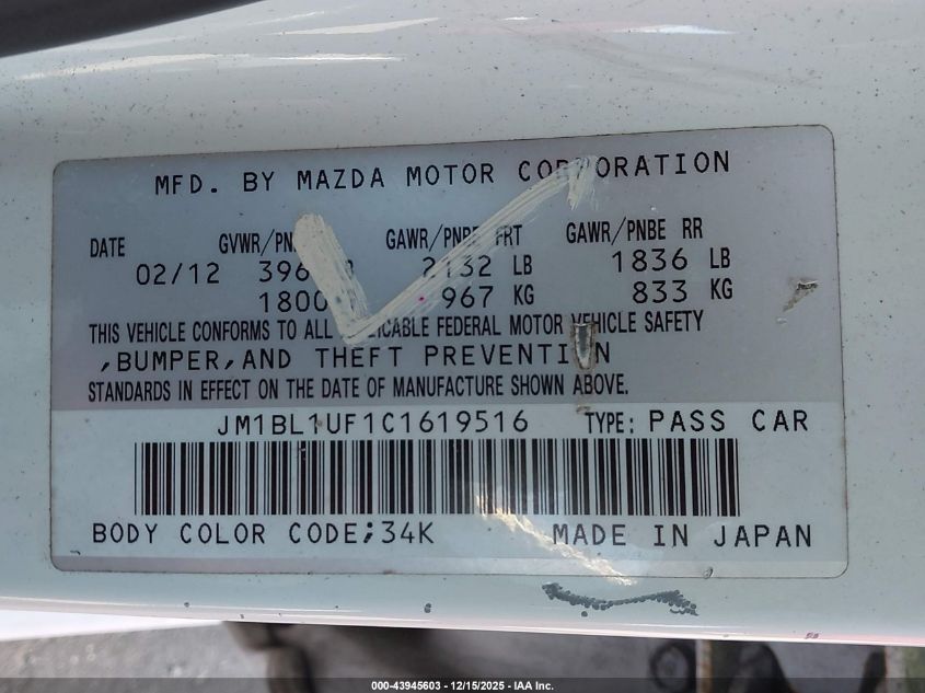 2012 Mazda Mazda3 I Sport VIN: JM1BL1UF1C1619516 Lot: 43945603