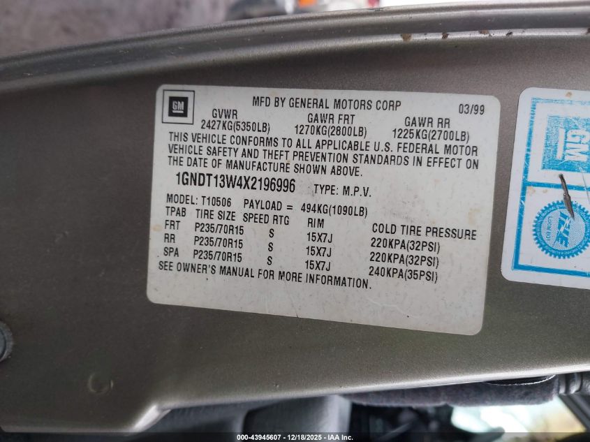 1999 Chevrolet Blazer Ls VIN: 1GNDT13W4X2196996 Lot: 43945607