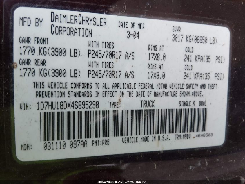 2004 Dodge Ram 1500 Slt/Laramie VIN: 1D7HU18DX4S695298 Lot: 43945608