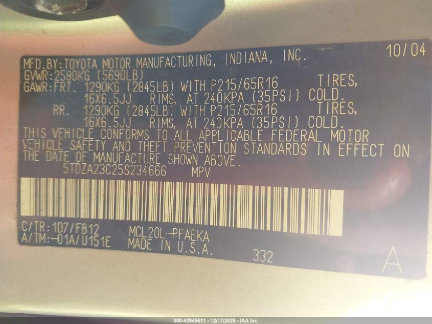 2005 Toyota Sienna Le VIN: 5TDZA23C25S234666 Lot: 43945611