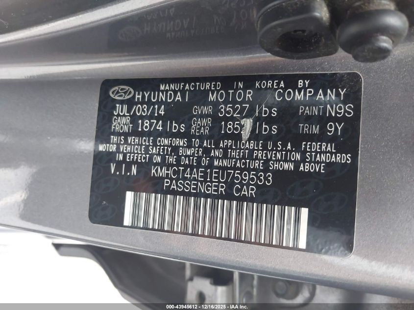 2014 Hyundai Accent Gls VIN: KMHCT4AE1EU759533 Lot: 43945612