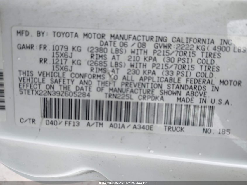 2009 Toyota Tacoma VIN: 5TETX22N39Z605284 Lot: 43945615