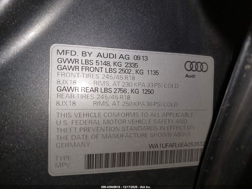 2014 Audi Allroad 2.0T Premium VIN: WA1UFAFL6EA053532 Lot: 43945616