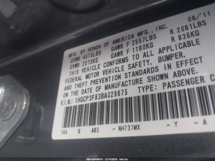 2011 Honda Accord 3.5 Ex-L VIN: 1HGCP3F83BA029675 Lot: 43945618