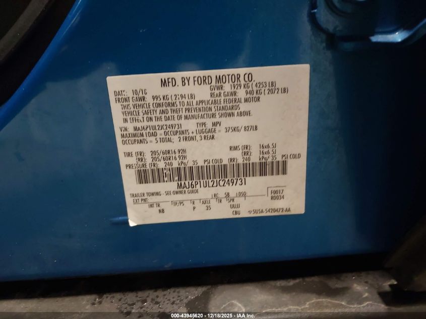 2018 Ford Ecosport Se VIN: MAJ6P1UL2JC249731 Lot: 43945620