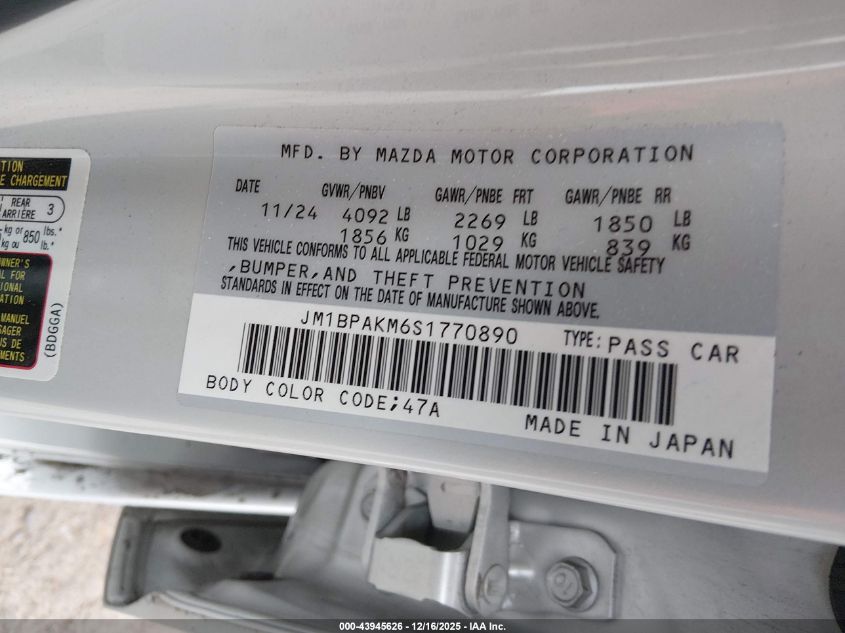 2025 Mazda Mazda3 2.5 S Select Sport VIN: JM1BPAKM6S1770890 Lot: 43945626