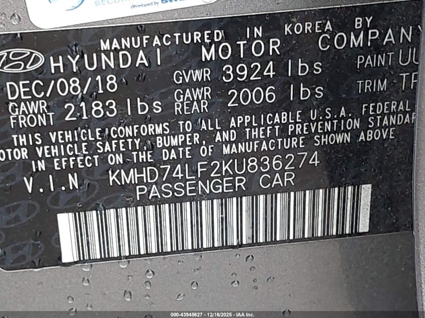 2019 Hyundai Elantra Se VIN: KMHD74LF2KU836274 Lot: 43945627