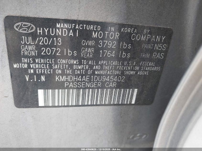 2013 Hyundai Elantra Gls VIN: KMHDH4AE1DU945402 Lot: 43945629