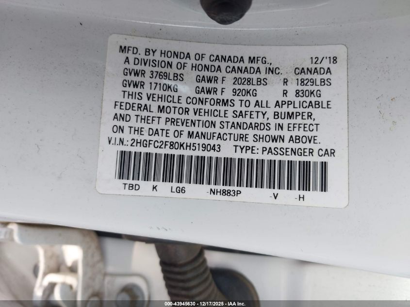 2019 Honda Civic Sport VIN: 2HGFC2F80KH519043 Lot: 43945630