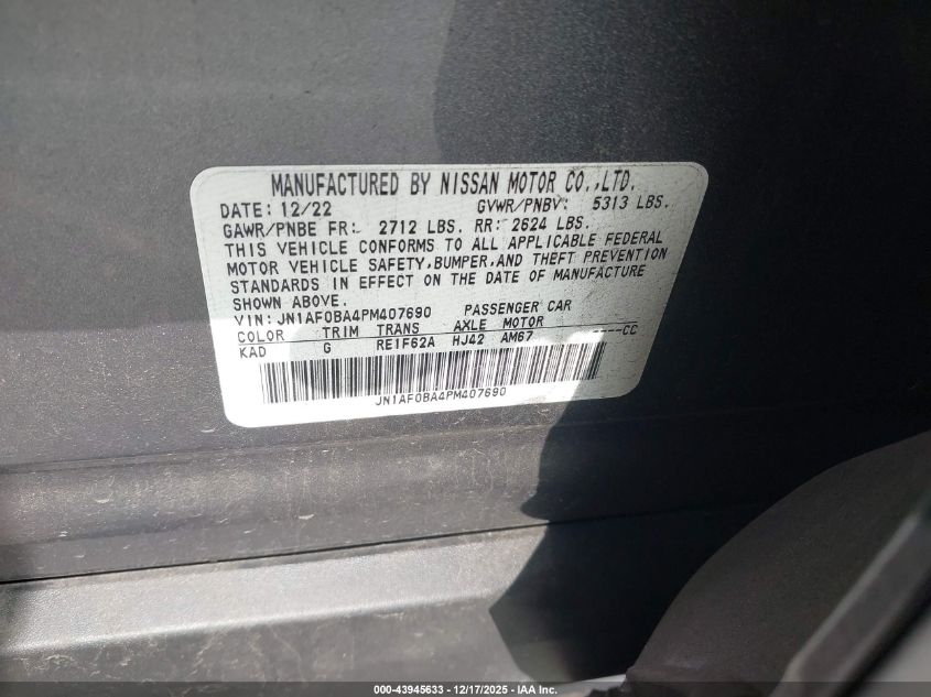 2023 Nissan Ariya Engage VIN: JN1AF0BA4PM407690 Lot: 43945633