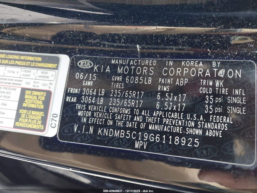 2016 Kia Sedona Lx VIN: KNDMB5C19G6118925 Lot: 43945637