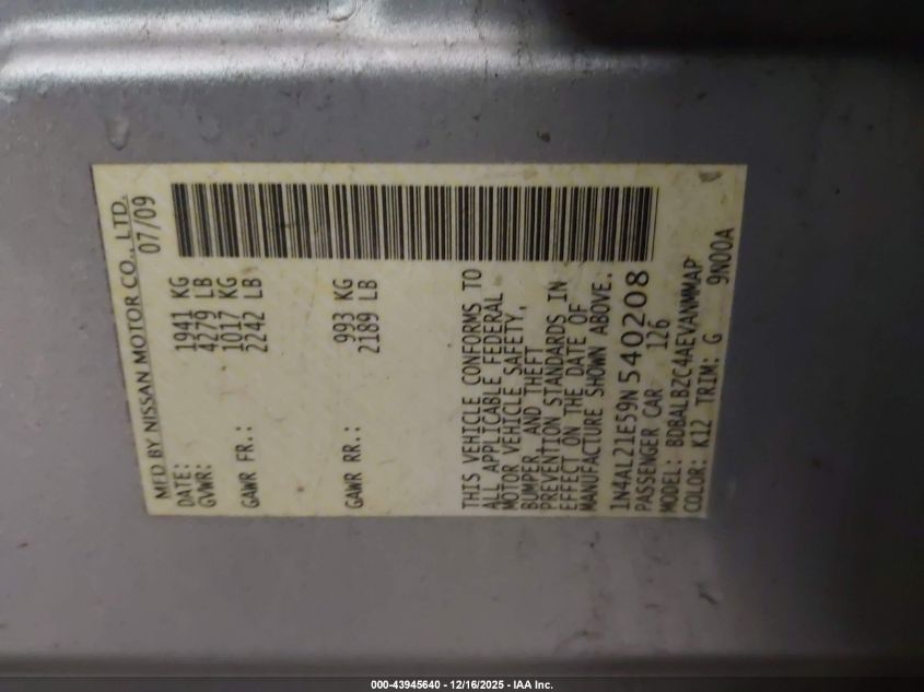 2009 Nissan Altima 2.5 S VIN: 1N4AL21E59N540208 Lot: 43945640