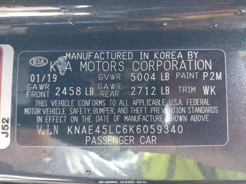 2019 Kia Stinger Gt1 VIN: KNAE45LC6K6059340 Lot: 43945645