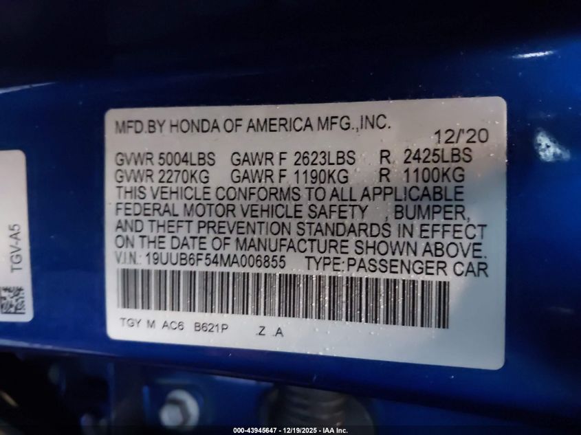 2021 Acura Tlx A-Spec Package VIN: 19UUB6F54MA006855 Lot: 43945647