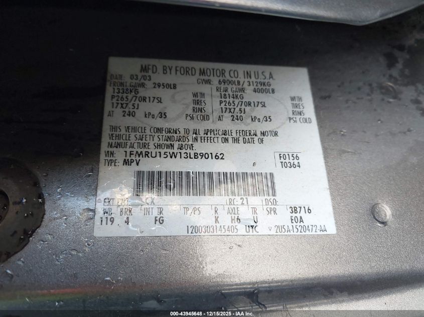 2003 Ford Expedition Xlt VIN: 1FMRU15W13LB90162 Lot: 43945648