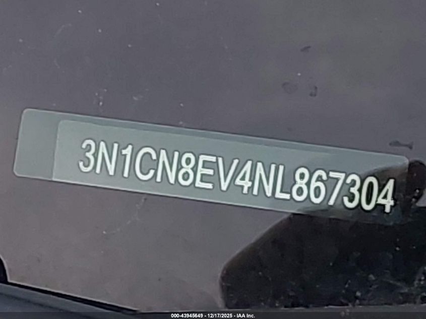 2022 Nissan Versa 1.6 Sv Xtronic Cvt VIN: 3N1CN8EV4NL867304 Lot: 43945649