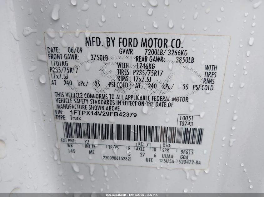 2009 Ford F-150 Fx4/Lariat/Xl/Xlt VIN: 1FTPX14V29FB42379 Lot: 43945650