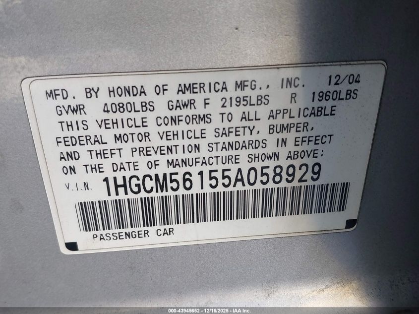 2005 Honda Accord 2.4 Dx VIN: 1HGCM56155A058929 Lot: 43945652