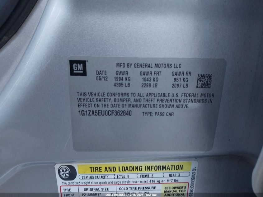 2012 Chevrolet Malibu Ls VIN: 1G1ZA5EU0CF362840 Lot: 43945655