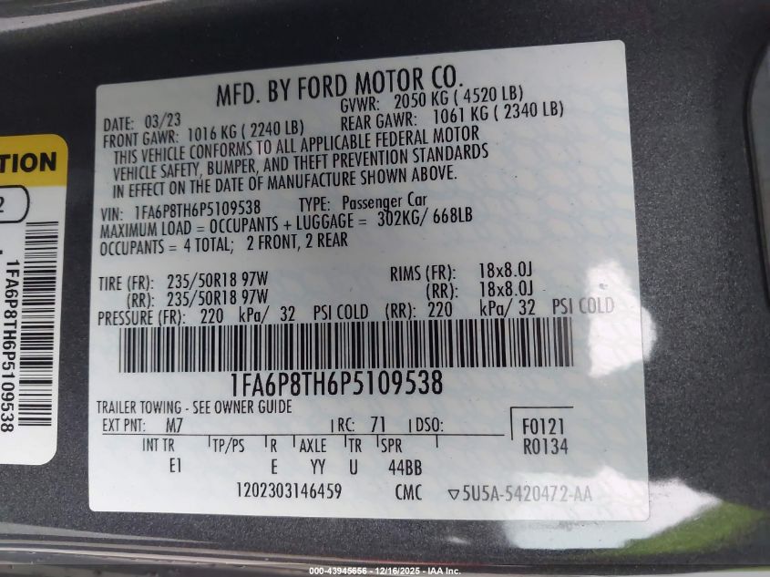 2023 Ford Mustang Ecoboost Premium Fastback VIN: 1FA6P8TH6P5109538 Lot: 43945656
