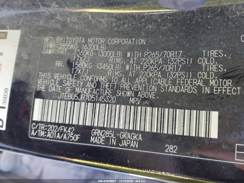 2013 Toyota 4Runner Sr5 VIN: JTEBU5JR1D5145320 Lot: 43945657