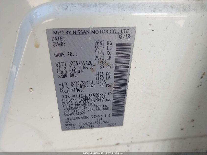 2014 Infiniti Qx60 VIN: 5N1AL0MN3EC504514 Lot: 43945658