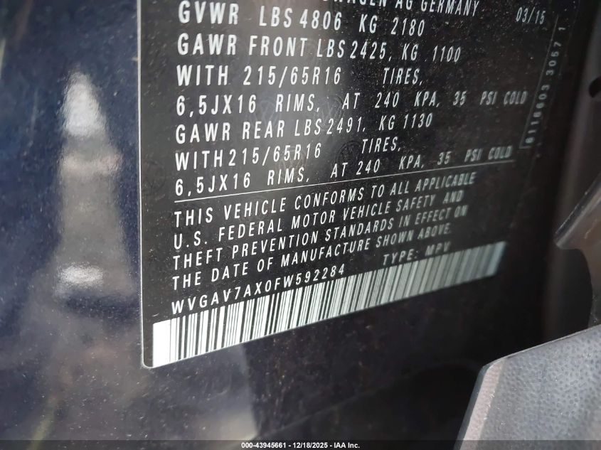 2015 Volkswagen Tiguan S VIN: WVGAV7AX0FW592284 Lot: 43945661